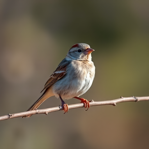 a detailed close-up of a sparrow perched on a branch in a soft-focus background, natural lighting, f/2.8 aperture, 1/200s shutter speed, ISO 200, 200mm lens, shallow depth of field, DSLR camera