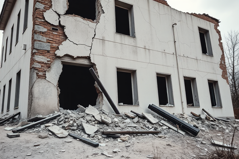 A damaged building with cracks and debris around it, taken from a low angle view, using a DSLR camera, 35mm lens, f/8 aperture, 1/250 sec shutter speed, and ISO 100 for sharpness and detail.