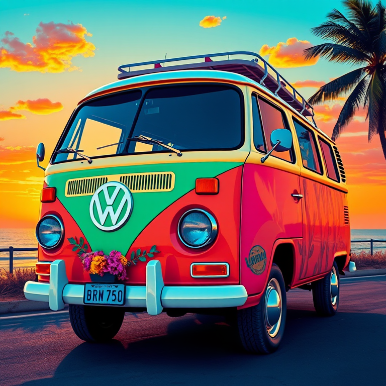 Create a vibrant retro illustration of a Volkswagen van with summer colors and tropical elements, capturing a sunset background, shot with a Canon EOS R5, aperture f/4, ISO 200, focal length 35mm, in a vibrant and colorful style.
