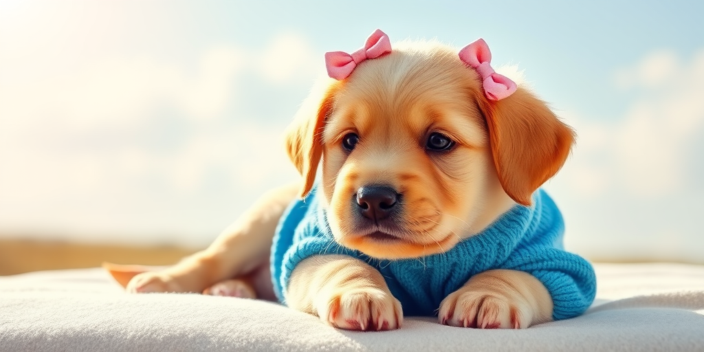 A cute golden retriever puppy with pink bows on its ears wearing a blue sweater resting on a soft surface with a bright sky in the background.