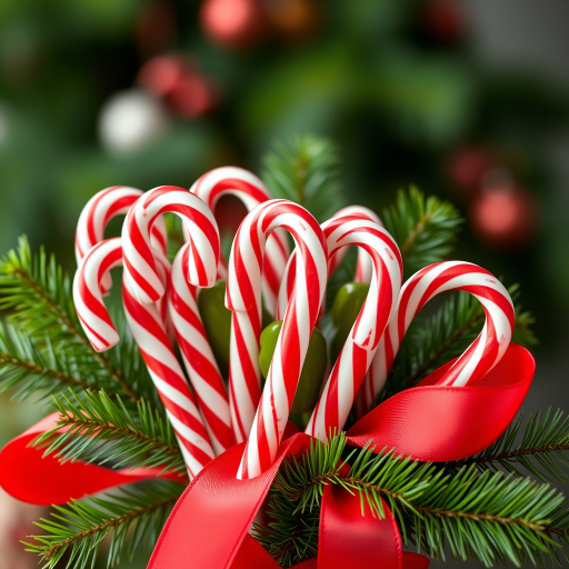 Create a high-resolution festive bouquet composed of candy canes, lush green leaves, and a vibrant red ribbon, captured with a DSLR camera at f/2.8 aperture, 50mm lens, ISO 100, soft lighting, and a shallow depth of field to enhance the details and colors.