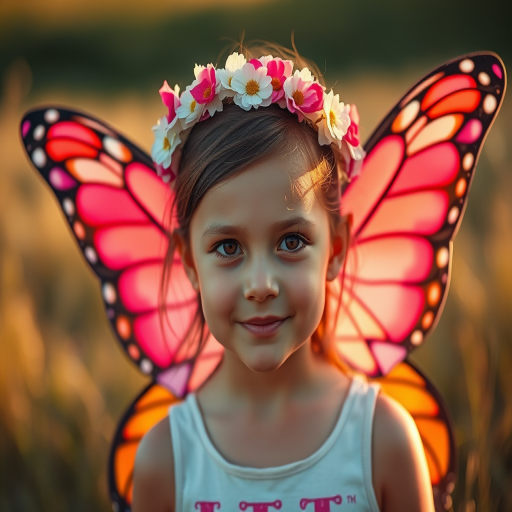 Portrait of a young girl wearing butterfly wings and a flower headband, captured with a Canon EOS R5 at 50mm f/1.8, natural light, shallow depth of field, soft background blur, vibrant colors, golden hour lighting.