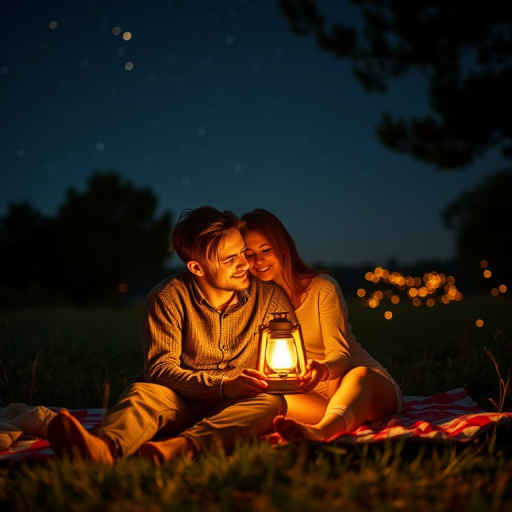 Warmly lit image of a couple sharing a quiet moment on a blanket under the stars, soft glow from a lantern illuminating their faces, distant fireflies flickering in the background, and the sound of crickets filling the night air.
