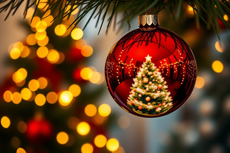 A close-up of a shiny red Christmas ornament hanging from a tree branch reflecting a beautifully decorated Christmas tree and warm glowing lights in the background with a bokeh effect creating a festive atmosphere.