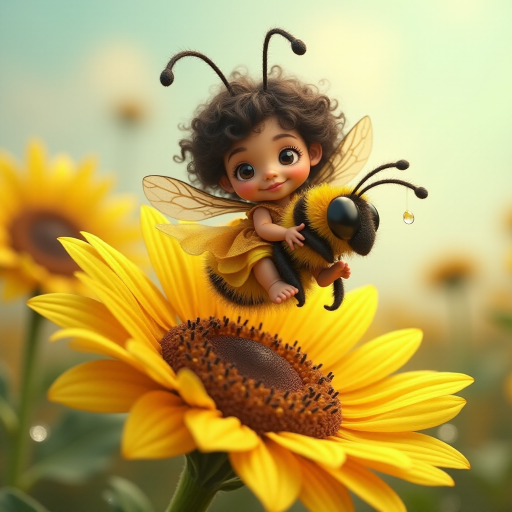 a whimsical cute girl with big eyes, big hair and flowing dress, riding astride a bumble bee, and flying across the top of the sunflower, which are just waking up, and catching dew drop of rain