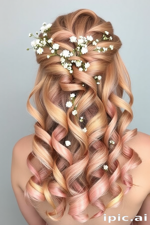 Soft rose gold tresses styled in romantic, cascading ringlets with delicate baby's breath flowers woven throughout, embodying the dreamy "Blush Blossom" aesthetic