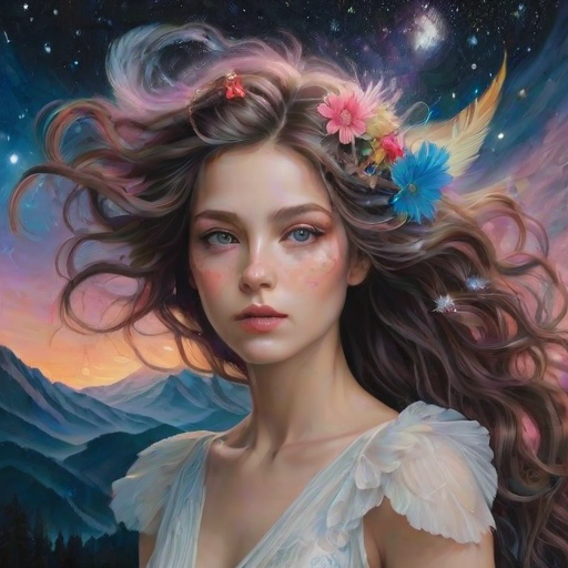 Create a series of imaginative portraits where each subject is infused with elements of fantasy and nature. The hair of the individuals should flow like clouds, varying from soft, fluffy cumulus to wispy cirrus strands, with hints of color reflecting a sunset or a clear blue sky. The eyes should be windows to entire galaxies, with stars, nebulae, and distant planets visible within them. Clothing should be adorned with nature motifs, such as floral patterns that bloom and change, vines that seem to grow and wrap around, or feathers that shimmer with iridescence. Each portrait should capture a unique personality, blending human features with the ethereal beauty of the natural and cosmic world. The backgrounds can vary, from starry night skies to enchanted forests, adding depth and context to the magical realism of the portraits