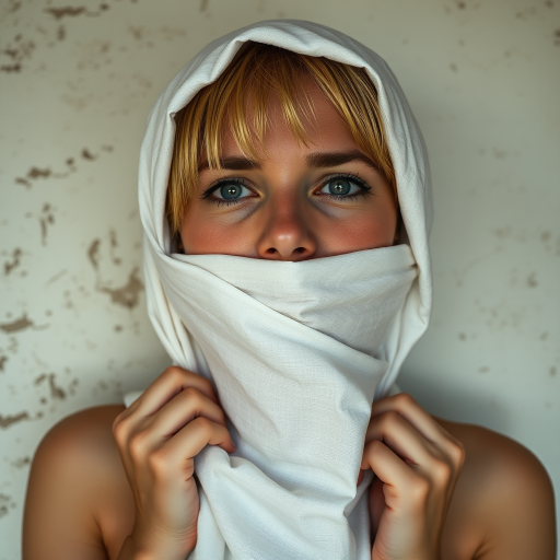 Create a close-up photographic image of a Mizrahi woman with light skin tones shown against an old, worn wall. Their head is wrapped in a white cloth covering (i.e.... parts of the head except the nose and mouth, which are open as if they are screaming...), with a slight texture and visible folds in the fabric. Thin strands of blonde hair escape from the wrapping above, falling lightly at the top and sides. Their hands hold the fabric as if they are tugging nervously. The lighting is dramatic and even, casting strong shadows. The image has a minimalist and surreal style with an emphasis on simplicity with soft color tones. The composition is centered.