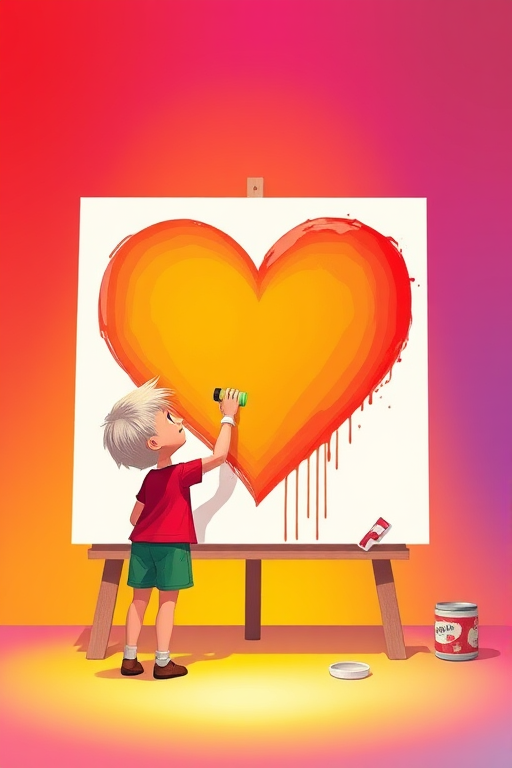 create a colorful digital illustration of a character painting a large heart on a canvas, with vibrant gradient backgrounds in red, yellow, and blue, captured with a Canon EOS 5D Mark IV, f/4 aperture, 1/125s shutter speed, ISO 100, and a soft focus effect for a dreamy look