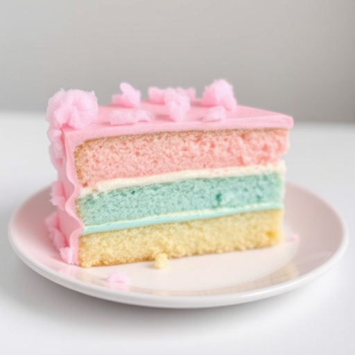 A slice of pastel colored cake with alternating layers of pink and blue frosting on a white plate with a light background. The cake has a fluffy texture and is decorated with small bits of pink cotton candy.