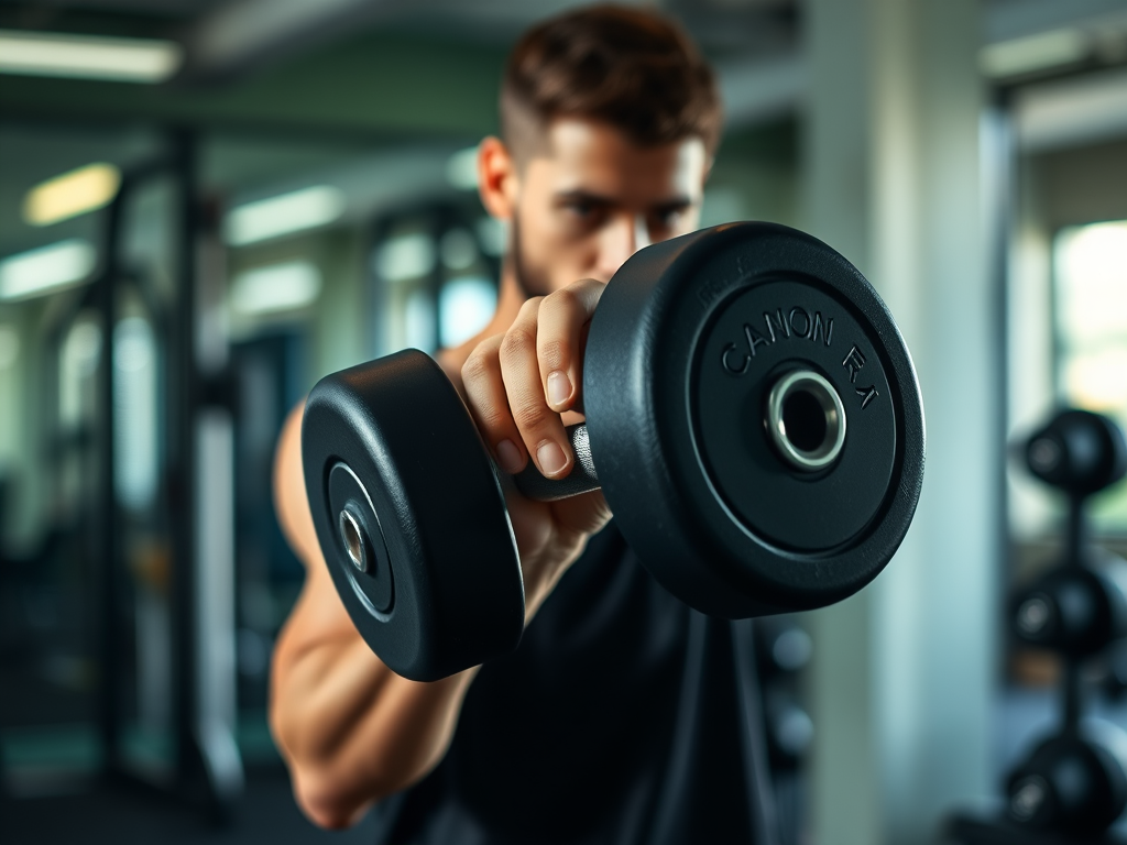 Regenerate an image of a person lifting a dumbbell in a gym setting, using a Canon EOS R5 camera with a 50mm lens, f/1.8 aperture, ISO 200, 1/200 shutter speed, natural lighting, close-up view to capture details, shallow depth of field for a blurred background.