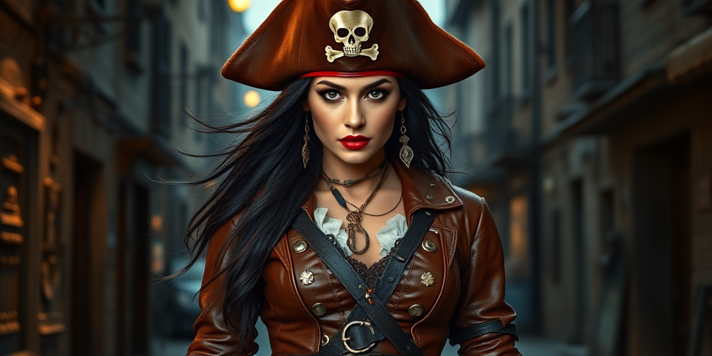 Create a portrait of a fierce female pirate. She wears a leather tricorn hat adorned with a skull and crossbones emblem, and her long, dark hair flows around her face. Her outfit consists of a richly detailed leather jacket, a corset, and multiple layers of belts and accessories, giving her a formidable and stylish appearance. She stands confidently in a dimly lit, historic port town, with a backdrop of weathered buildings and cobblestone streets, capturing the adventurous spirit of a pirate.