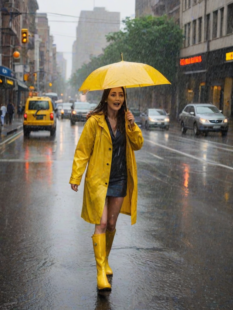 Rain-soaked city street, cars passing by and splashing water, a woman in a bright yellow raincoat and boots hurries across the road, her umbrella barely protecting her from the downpour.