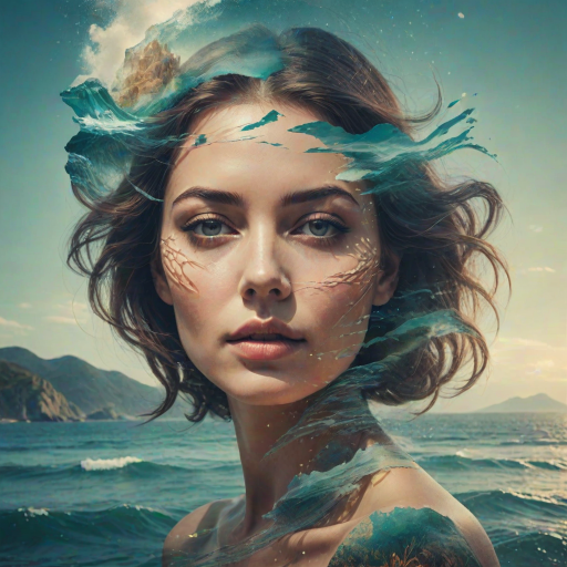 create Book cover, A surreal double exposure portrait that blends a woman's face with a beautiful seascape. The overall mood is dreamy and mystical, with rich colors and intricate details