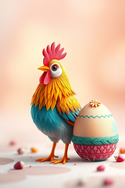 Create a whimsical illustration of a colorful chicken standing next to a decorated egg, using a vibrant color palette, with a soft-focus background, captured in a digital style using a DSLR camera with a 50mm lens, aperture set to f/2.8, ISO 100, and a shallow depth of field for enhanced detail and clarity.