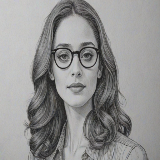 Dazzling Emmy Rossum, pencil sketch, portrait of Delightful woman 1973s in glasses, hair style beatnik, outline, clear lines, fine lines, 8k