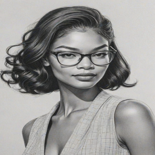 Enchanting Chanel Iman, pencil sketch, portrait of Elegant woman 1954s in glasses, hair style beatnik, outline, clear lines, fine lines, 8k