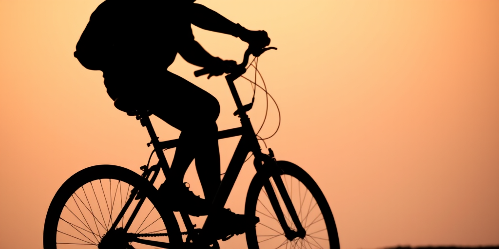 Create a high-resolution image of a stylized black silhouette of a person riding a bicycle, captured with a DSLR camera at f/8 aperture, ISO 100, 1/500 sec shutter speed, from a low angle view, with a soft gradient background for contrast.