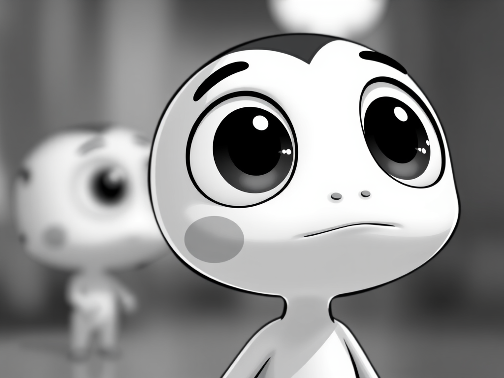 Create a high-resolution black and white illustration of a cartoon character with large expressive eyes and a simplistic design, using a DSLR camera with a 50mm lens, aperture set to f/2.8, ISO 100, and a shallow depth of field to emphasize the character against a blurred background.