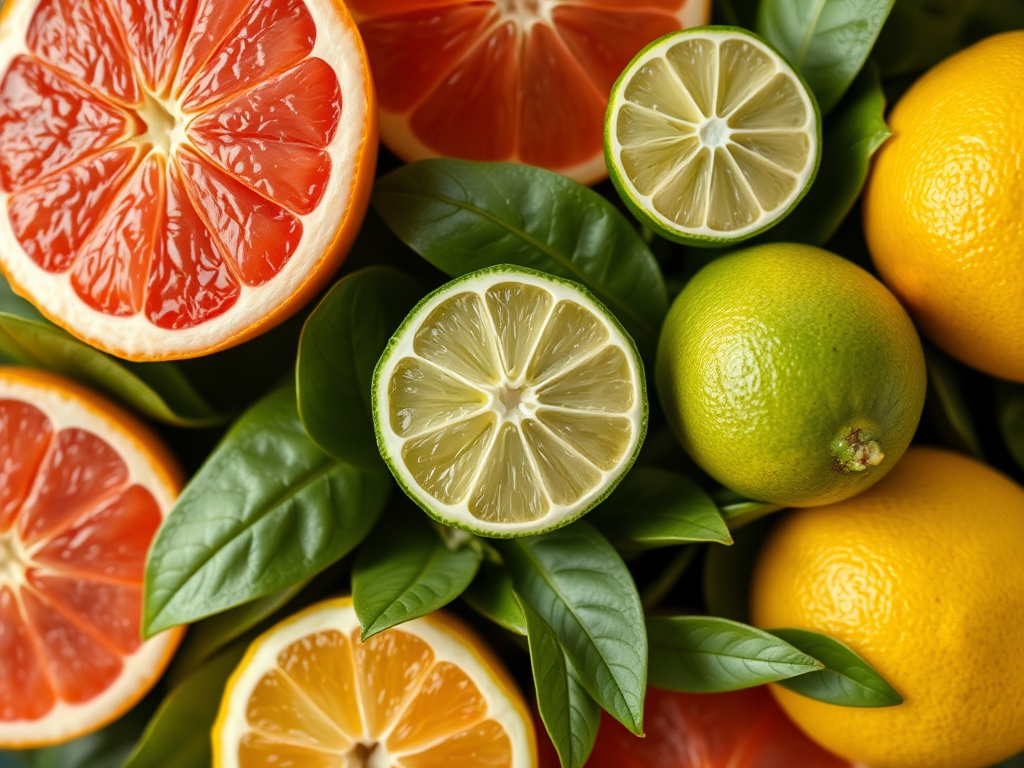 Capture a vibrant still life of assorted citrus fruits including pink grapefruit, lime, and lemon on lush green leaves, using a macro lens at f/2.8, ISO 100, shutter speed 1/125s, with natural soft lighting, shot from a top-down view on a DSLR camera.