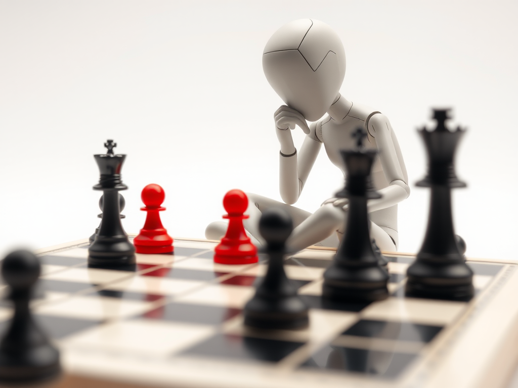 Create an image of a 3D humanoid figure sitting in a thinking pose while contemplating a chessboard with black and red pieces, captured with a 50mm lens at f/1.8, ISO 100, 1/125s, from a low angle to emphasize the figure, using soft lighting for a clean and modern aesthetic.