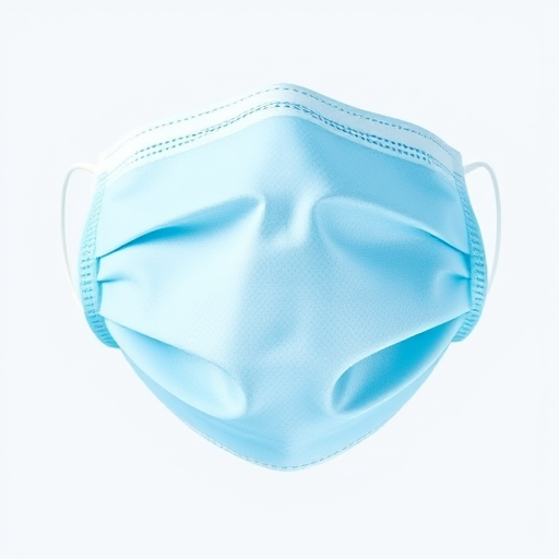 Create a high-resolution vector illustration of a light blue surgical mask with a realistic texture, viewed straight on, using a digital camera with a 50mm lens, aperture f/2.8, ISO 100, and soft natural lighting for enhanced depth and detail.