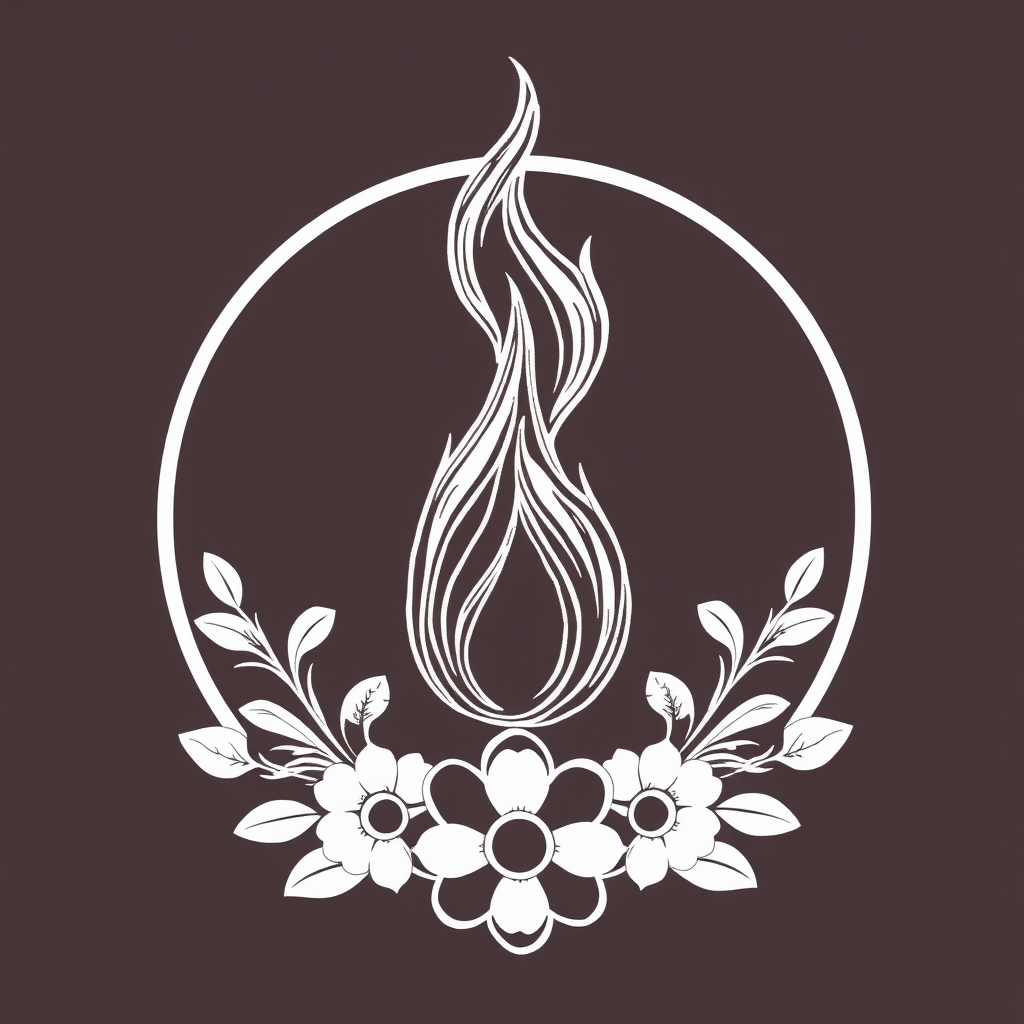 Create an intricate line art illustration of a flame inside a circular border with floral designs at the base, captured with a Canon EOS R5, 50mm lens, f/1.8 aperture, ISO 100, 1/200 sec exposure, in high-resolution portrait orientation.