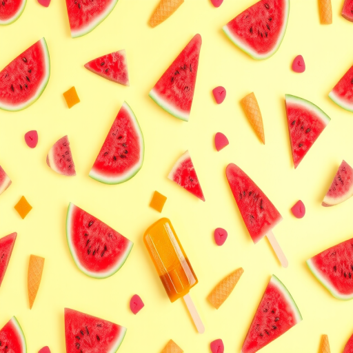 Create a vibrant, seamless pattern of watermelon slices, ice cream cones, and frozen orange pops on a light yellow background, shot with a Canon EOS R5 at f/8 aperture, ISO 100, and 50mm lens for sharp detail and bright colors.