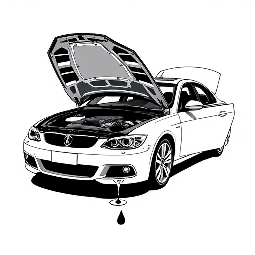 Create a high-contrast black and white graphic illustration of a car with an open hood and a dripping oil symbol, using a DSLR camera set to aperture f/8, ISO 100, and a focal length of 50mm, shot in a flat lay view with soft lighting to enhance clarity and detail.