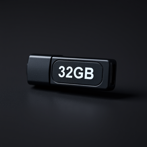 Create a high-resolution image of a black 32GB USB flash drive, positioned at a slight angle to showcase its design, using a DSLR camera with a 50mm lens, aperture set to f/2.8, ISO 100, and a soft light source for an enhanced visual effect.