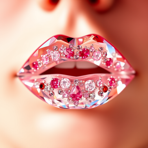 Radiant crystal lips adorned with tiny, faceted gemstones in various shades of pink and clear quartz, catching and reflecting light from every angle