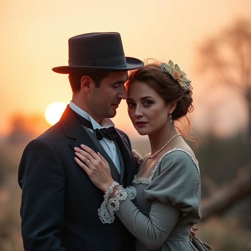 Regenerate a romantic portrait of a couple in 19th-century attire at sunset, soft natural lighting, focus on their expressions and intimate pose, aperture f/1.8, shutter speed 1/200s, ISO 100, shot with a DSLR camera in portrait orientation, shallow depth of field for a dreamy background effect.