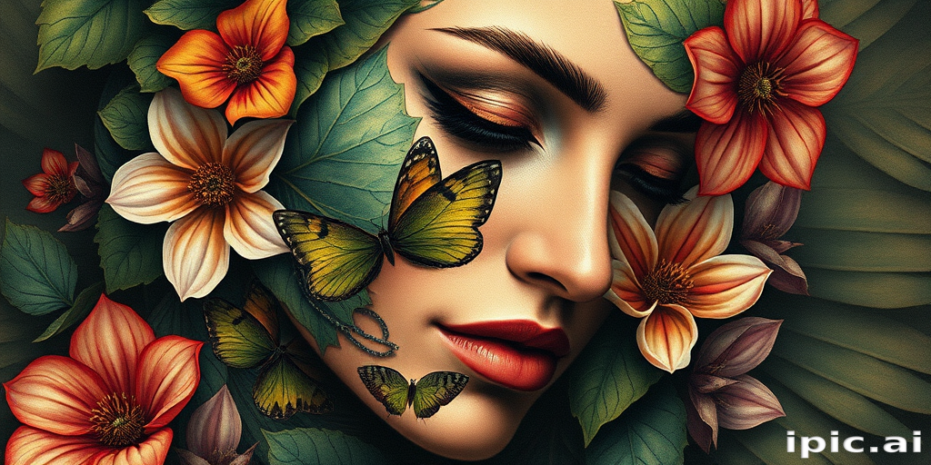 Hyper-realistic "Nature's Embrace" tattoo portrait incorporating lifelike fauna and flora seamlessly integrated with the subject's facial features creating a stunning fusion of human and natural elements