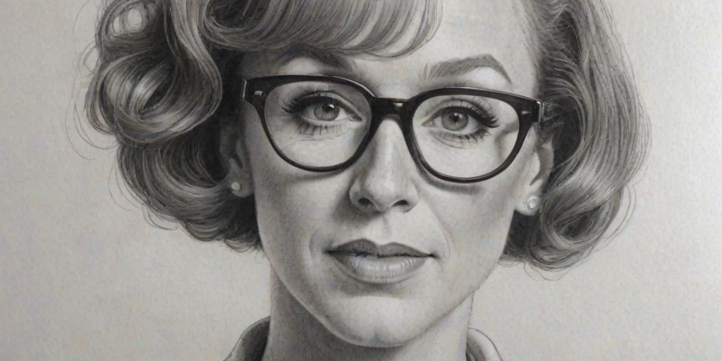 Lovely Kathy Griffin, pencil sketch, portrait of Ravishing woman 1932s in glasses, hair style beatnik, outline, clear lines, fine lines, 8k