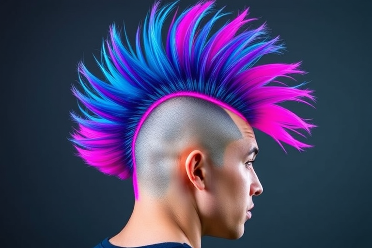 Striking Neon Unicorn Mohawk with electric blue base color fading into vivid purple and hot pink streaks, styled into a dramatic upswept crest for a fierce and eye-catching look