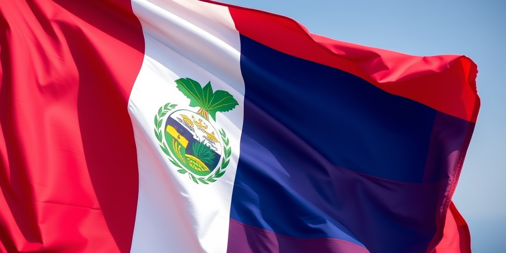 Create a high-resolution image of the Costa Rican flag waving in the wind, shot with a DSLR camera at f/8, ISO 100, 1/250 sec, using a wide-angle lens at 24mm, in natural light with a soft background blur.