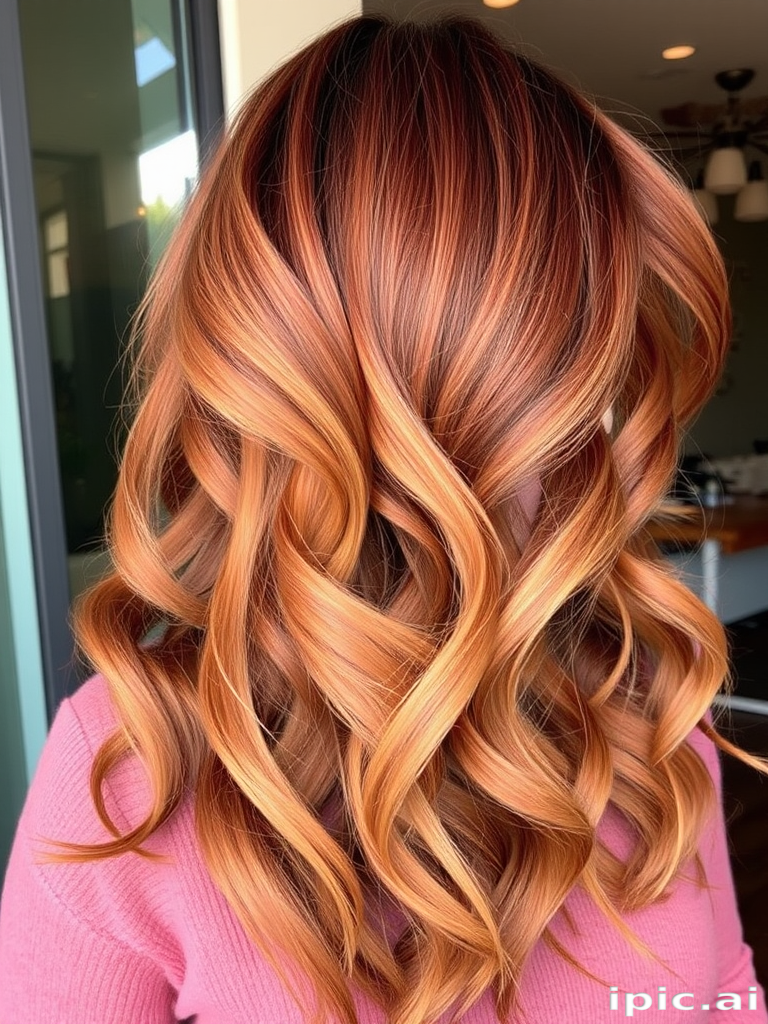 Radiant Autumn Harvest Waves showcasing a warm blend of rich auburn, golden honey, and deep mahogany tones, styled into loose, romantic curls reminiscent of falling leaves