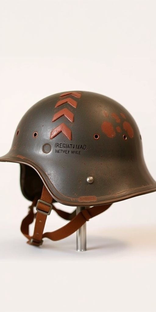 Regenerate a high-resolution side view of a vintage military helmet with detailed textures, using a DSLR camera at f/8 aperture, 50mm lens, ISO 100, natural lighting, and a soft focus background to enhance clarity.