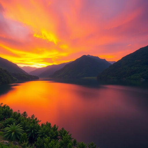 Generate a high-resolution image of a serene landscape at sunset, with vibrant orange and purple skies, a calm lake reflecting the colors, surrounded by lush green mountains, captured with a Canon EOS 5D Mark IV, f/8 aperture, ISO 100, 1/250 sec shutter speed, capturing a wide-angle view.