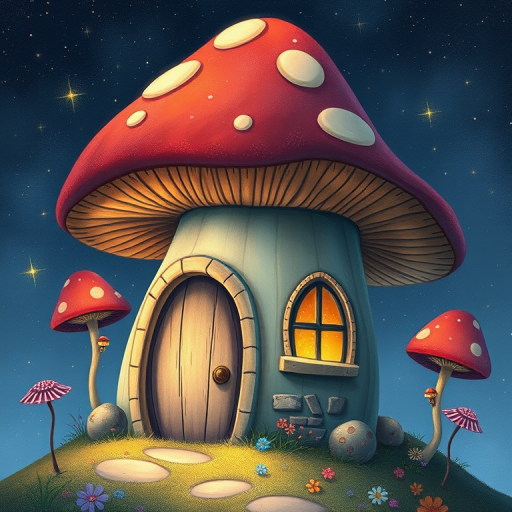 imagine illustration of a mushroom house with a door and a window, a storybook , fantasy art, mushroom house, bg starry sky, sparkles