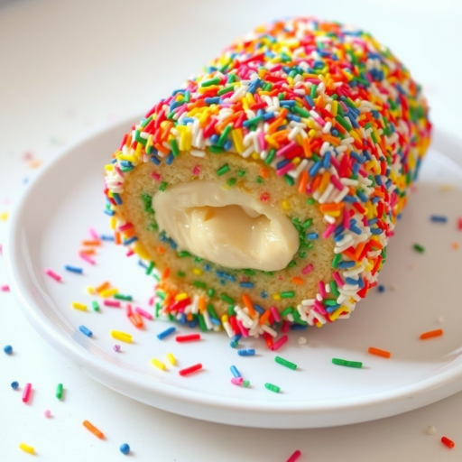 Colorful dessert roll covered in rainbow sprinkles with a creamy filling visible in the center placed on a white plate with more sprinkles scattered around and a light background.