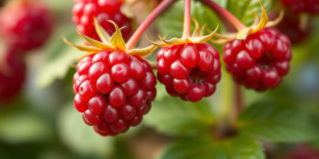 Create a hyper-realistic image of a raspberry with vibrant red berries, lush green leaves, clear focus, 50mm lens, f/2.8 aperture, ISO 100, natural lighting, and a soft bokeh background.