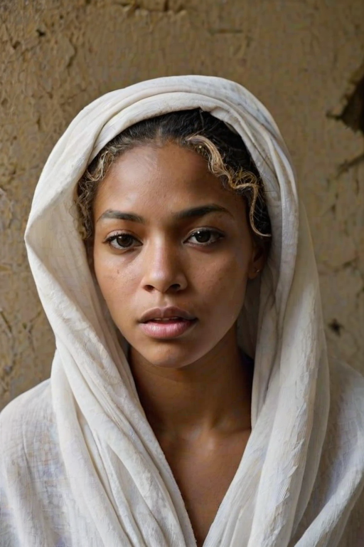 Create a close-up photographic image of a Cape Verdean woman with light skin tones shown against an old, worn wall. Their head is wrapped in a white cloth covering (i.e.... parts of the head except the nose and mouth, which are open as if they are screaming...), with a slight texture and visible folds in the fabric. Thin strands of blonde hair escape from the wrapping above, falling lightly at the top and sides. Their hands hold the fabric as if they are tugging nervously. The lighting is dramatic and even, casting strong shadows. The image has a minimalist and surreal style with an emphasis on simplicity with soft color tones. The composition is centered.