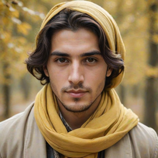 Create a portrait of a young Turkish male with long, dark hair and captivating hazel eyes. She is wearing a Yellow headscarf and a matching scarf draped gracefully around her neck. The background is softly blurred, focusing attention on her serene and natural expression. The overall color palette is muted and warm, enhancing the intimate and authentic feel of the portrait.