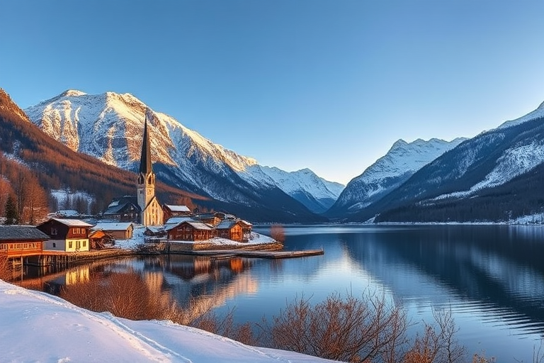 Generate a high-resolution winter landscape photo of a quaint village by a lake surrounded by snow-capped mountains with a church steeple in the foreground, captured at sunrise with a Canon EOS R5, 24mm lens, f/8 aperture, ISO 100, and a shutter speed of 1/200 sec, taken from a slightly elevated angle to showcase the reflective water surface and the mountainous backdrop.