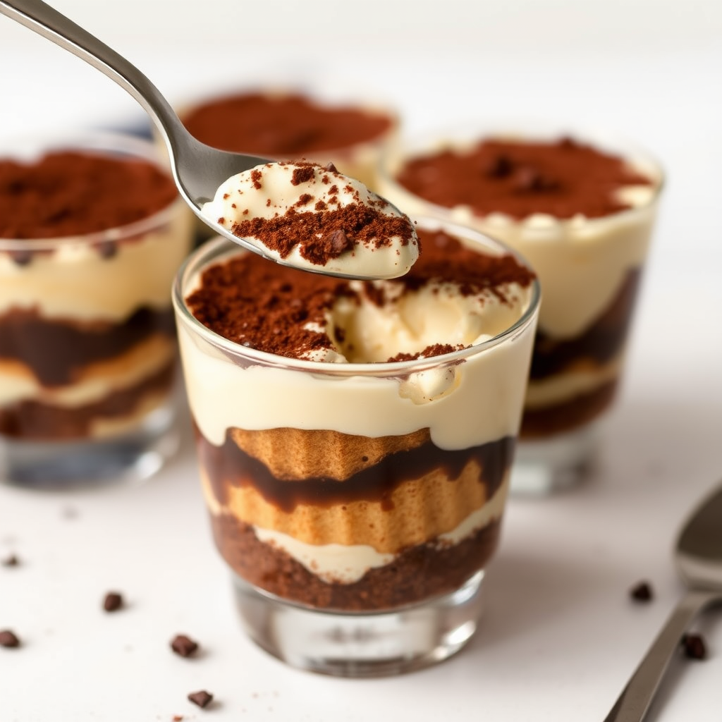 Create an image of a delicious tiramisu dessert in a clear glass. The dessert has layers of creamy mascarpone cheese and coffee-soaked ladyfingers, topped with a dusting of cocoa powder. A spoon is lifting a portion of the dessert, revealing the rich texture and layers inside. The background is minimalistic and light, emphasizing the dessert's appealing appearance.
