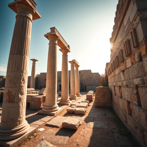 Capture a high-resolution image of ancient ruins with a focus on stone columns and walls, using a Canon EOS 5D Mark IV, 24mm lens, aperture f/8, ISO 100, natural lighting, and a wide-angle perspective to enhance depth and detail.