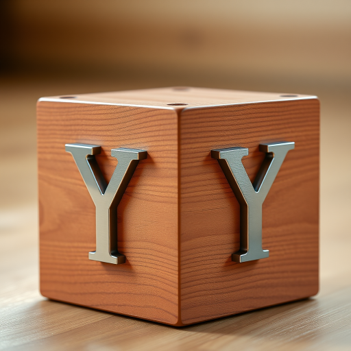 Create a high-resolution 3D rendering of a wooden cube with a metallic 'Y' symbol on each side, using a DSLR camera with a 50mm lens, ISO 100, aperture f/2.8, and a focal length of 50mm, shot from a low angle to emphasize depth and texture, with soft natural lighting to enhance details.