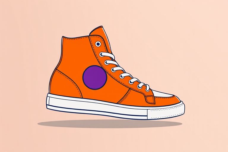 Create a high-resolution illustration of a stylized orange high-top sneaker with a purple circle on the side, using a 50mm lens, f/2.8 aperture, ISO 100, in a side view perspective with a soft focus background.