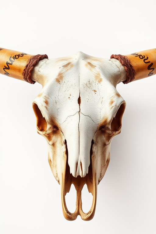 high-resolution image of a bull skull on a plain background, 50mm lens, aperture f/2.8, shutter speed 1/60s, ISO 100, front view, macro photography style, DSLR camera